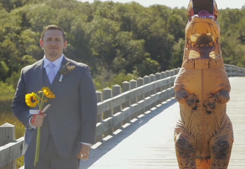 Девушка пришла на собственную свадьбу в костюме динозавра (ВИДЕО)