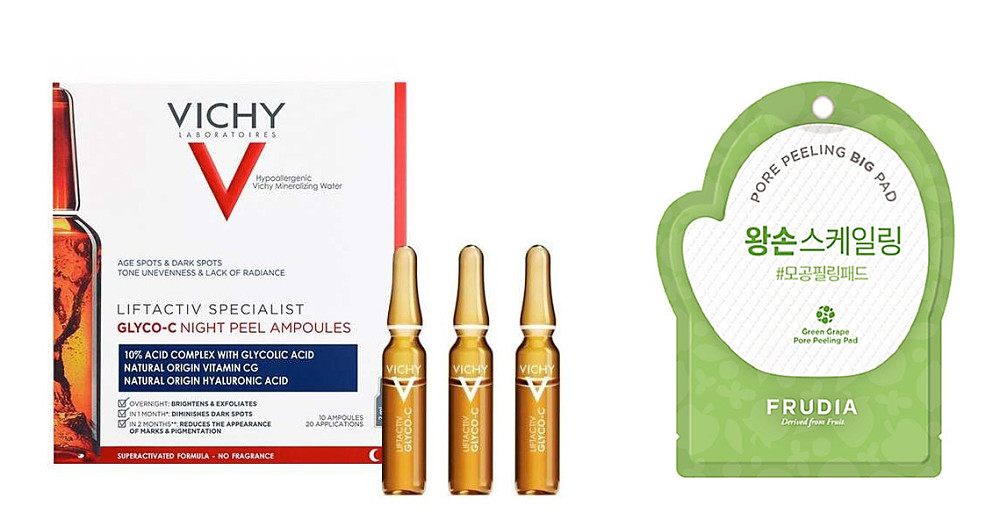 1. Cыворотка-пилинг ночного действия в ампулах Liftactiv Specialist Glyco-C, Vichy; 2. Пилинговые диски для лица Green Grape Pore Peeling Pad, Frudia