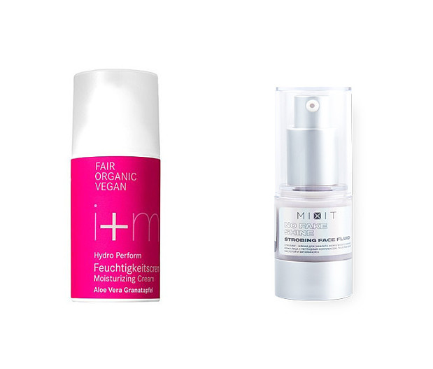1. Увлажняющий крем для лица «Гидро Перформ», I+M; 2. Стробинг-флюид для жемчужного сияния лица, Mixit