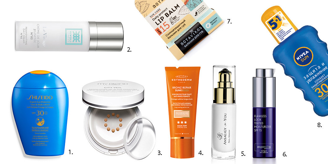 1. Лосьон для лица и тела SPF30, Expert Sun, Shiseido; 2. Крем Le Visage Crème de Jour Jeunesse N°02, Rivoli; 3. Защитный флюид-экран для лица с легким тоном SPF50, City Veil, My Blend; 4...