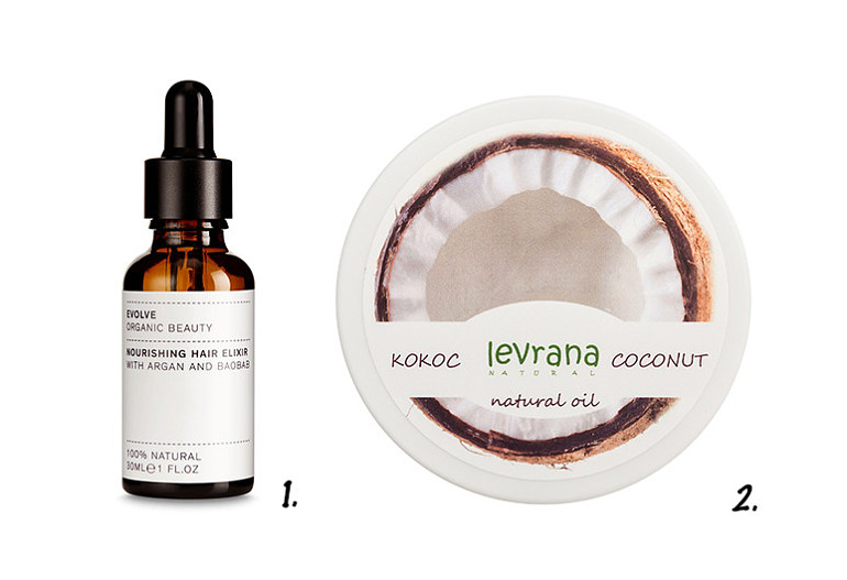 1. Сыворотка для волос Nourishing Hair Elixir, Evolve Organic Beauty; 2. Кокосовое масло, Levrana