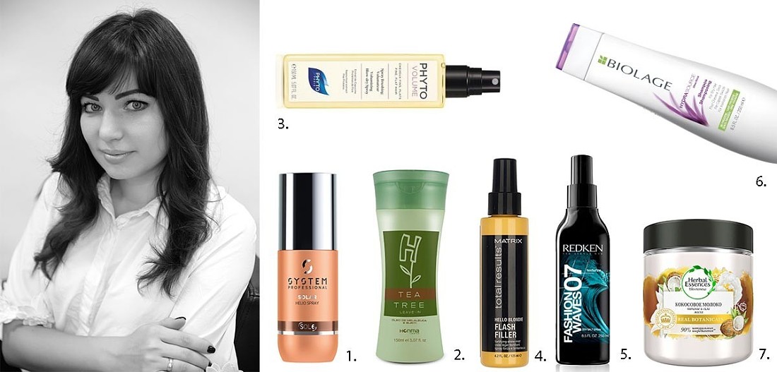 1. Гелио-спрей Sol6, System Professional; 2. Несмываемый увлажняющий кондиционер Leave In H-Tea Tree, Honma Tokyo; 3. Спрей для укладки Volume, Phyto; 4. Несмываемый спрей-вуаль для сияни...