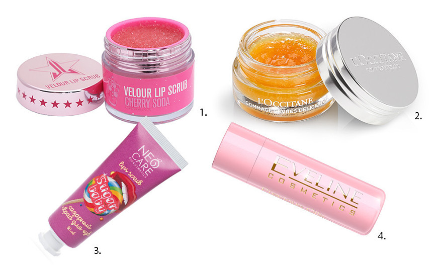 1. Скраб для губ Velour Scrub, Jeffree Star Cosmetics; 2. Скраб для губ с мандарином «Фруктовый нектар», L’Occitane; 3. Сахарный скраб для губ Sugar Baby, Neo Care; 4. Деликатный скраб дл...