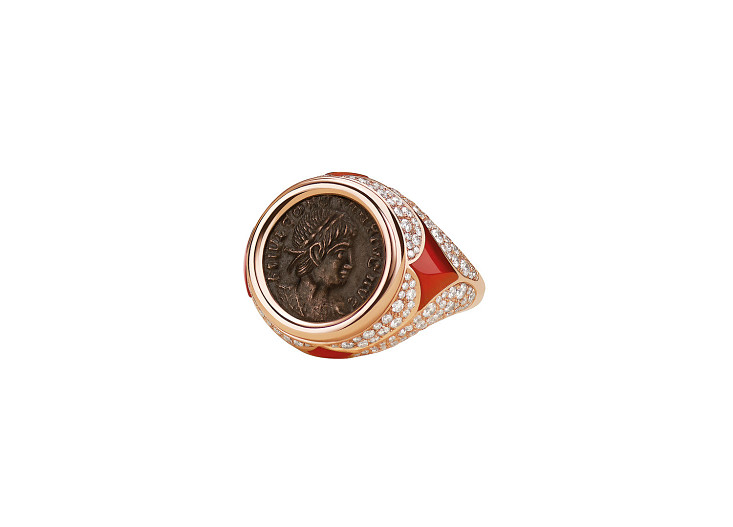 Кольцо Monete, розовое золото 18 карат, старинная монета, элементы из сердолика и бриллиантовое паве