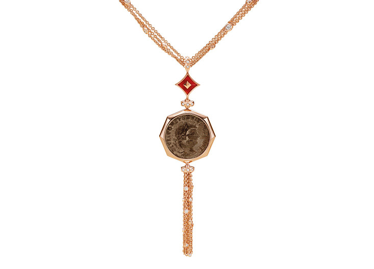 Колье Monete, розовое золото 18 карат, старинная монета, элементы из сердолика и бриллиантовое паве