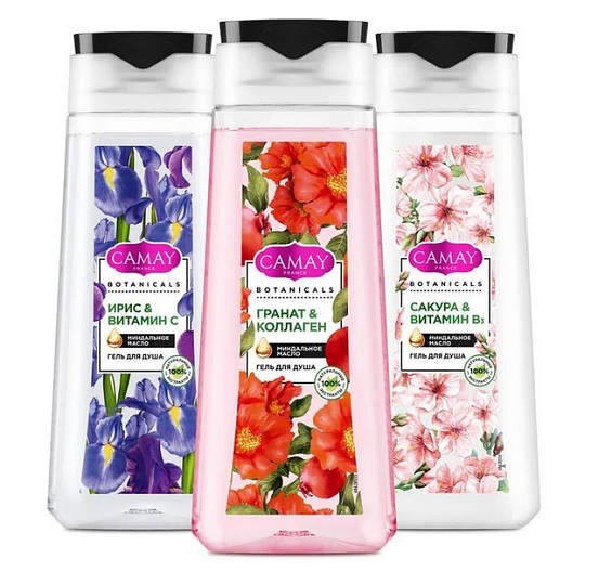 Гели для душа «Цветы граната», «Благоухающий ирис», «Японская сакура» Botanicals, Camay