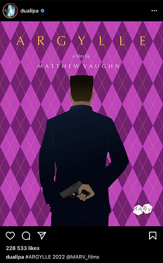 Пост в инстаграме Дуа Липы с плакатом фильма Аргайл