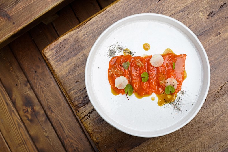 Крудо из лосося, понзу, яблоко