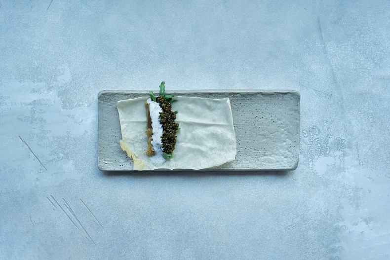 Шаверма с черной икрой, баклажаном и лавашом из дегидрированного кальмара