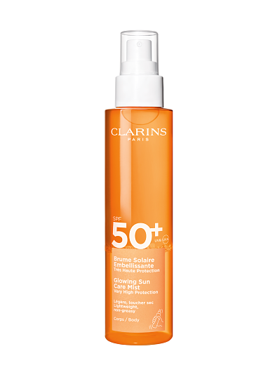Clarins Glowing Sun Care Mist SPF50+ — это увлажняющий солнцезащитный спрей для тела